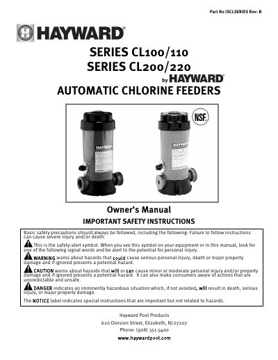 Hayward CL100/110/CL200/220 Automatic Chlorine Feeders Owner's Manual - cover page