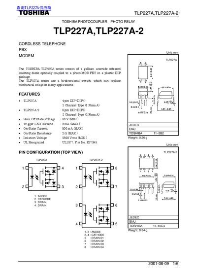 Toshiba TLP227A/TLP227A-2 Optocoupler Datasheet