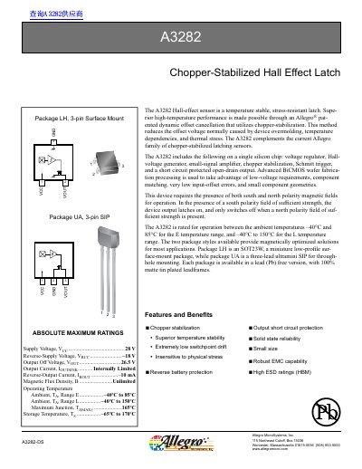 Allegro A3282 Chopper-Stabilized Hall Effect Latch Datasheet - cover page