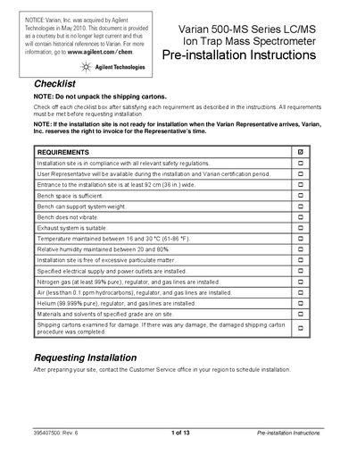 Agilent 500-MS LC/MS Pre-Installation Instructions - cover page