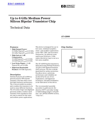 Hewlett-Packard AT-42000 Bipolar Transistor Chip Technical Data - cover page