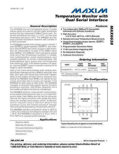 Maxim MAX6638 Temperature Monitor Dual Serial Interface Datasheet - cover page