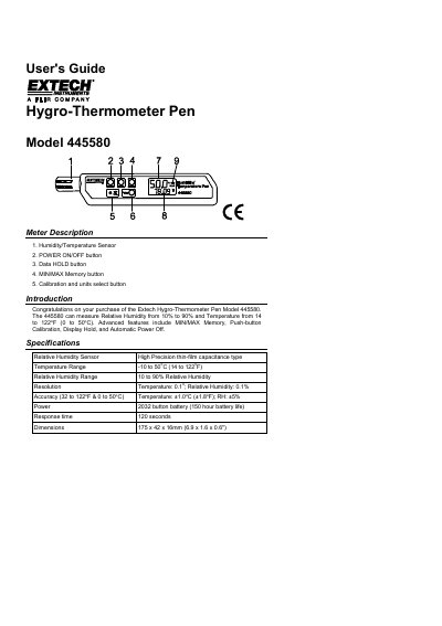 Extech Model 445580 Hygro-Thermometer Pen User Guide - cover page