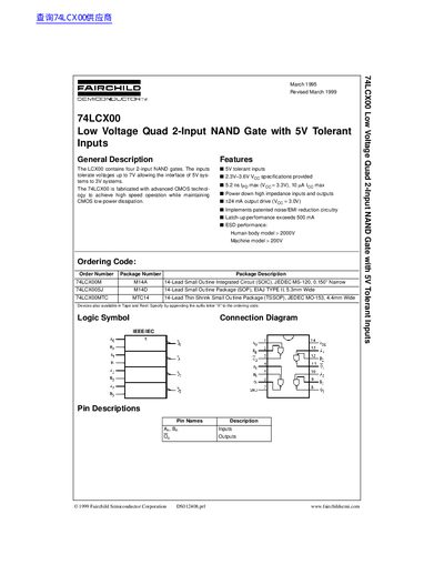 Fairchild Semiconductor 74LCX00 Low Voltage Quad 2-Input NAND Gate Datasheet - cover page