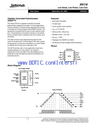 Intersil X9116 Digital Potentiometer Data Sheet - cover page