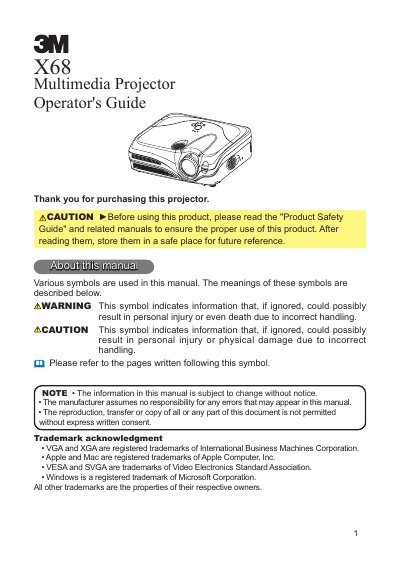 3M X68 Multimedia Projector Operator's Guide - cover page