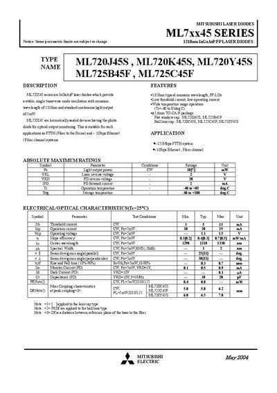 Mitsubishi ML7xx45 Series Laser Diode Datasheet - cover page