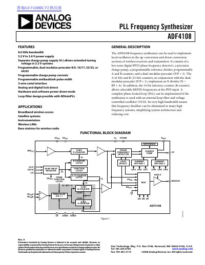 Analog Devices ADF4108 Frequency Synthesizer Datasheet - cover page