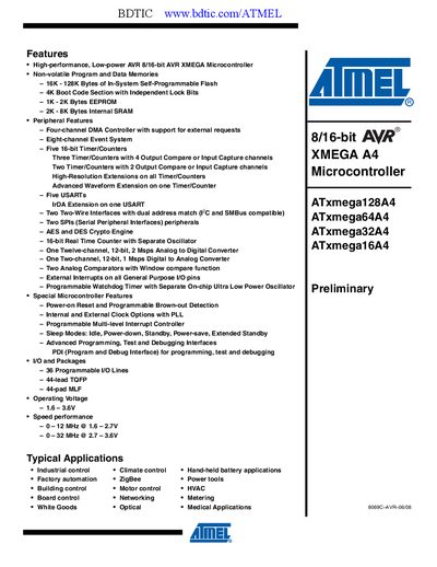 Atmel ATxmega32A4 Datasheet - cover page