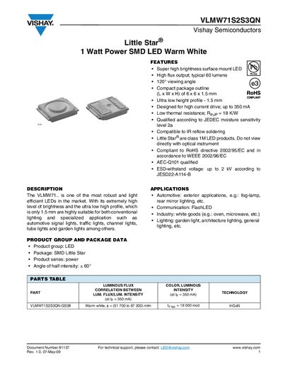 Vishay VLMW71S2S3QN Little Star 1W Power SMD LED Warm White Datasheet - cover page