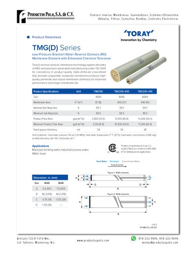 Toray TMG(D) Series Low-Pressure Brackish Water RO Membrane Element Datasheet - cover page