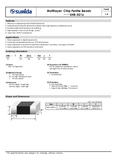 Sumida SHB-3216 Ferrite Beads Datasheet - cover page