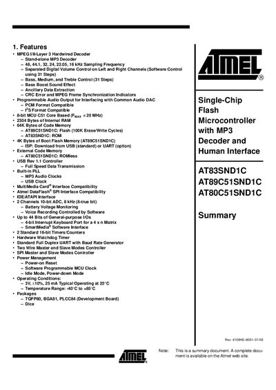 ATMEL - Single-Chip Flash Microcontroller with MP3 Decoder Human Interface AT83SND1C AT89C51SND1C AT80C51SND1Chandbook - cover page