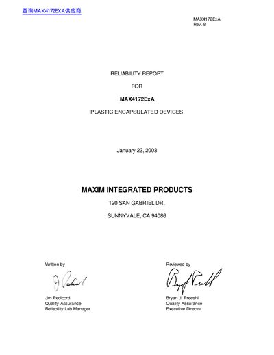Maxim MAX4172ExA High-Side Current-Sense Amplifier Reliability Report - cover page