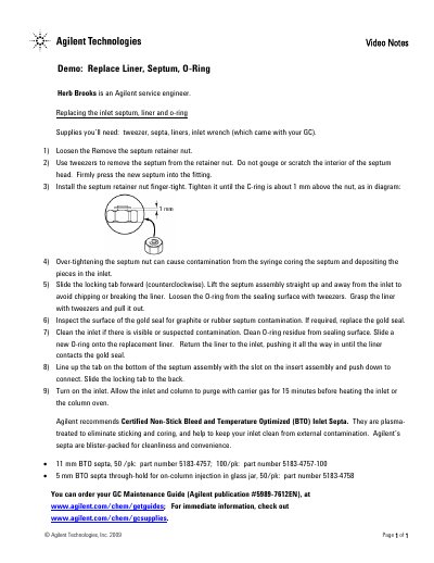 Agilent GC Inlet Maintenance Demo: Replacing the Liner Septum Notes Manual - cover page