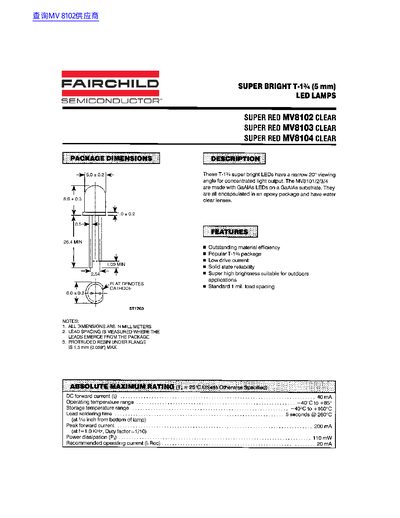 Fairchild Semiconductor MV8102/3/4 Super Red LED Datasheet - cover page