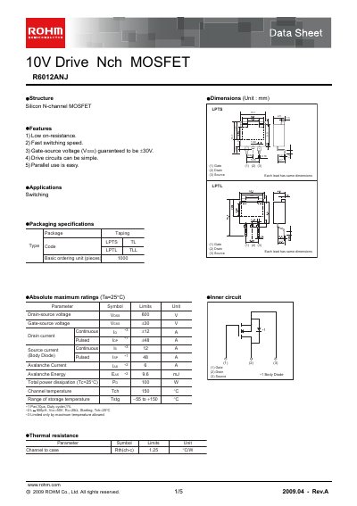ROHM R6012ANJ Datasheet - cover page