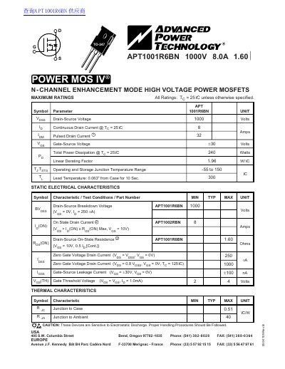 Advanced Power Technology APT1001R6BN Power MOSFET Datasheet - cover page
