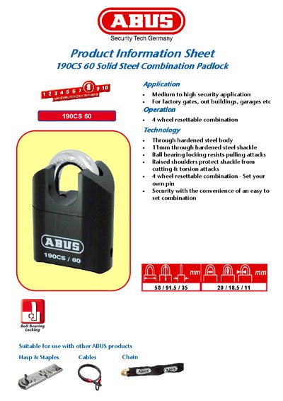 ABUS 190CS 60 Combination Padlock Product Information Sheet - cover page