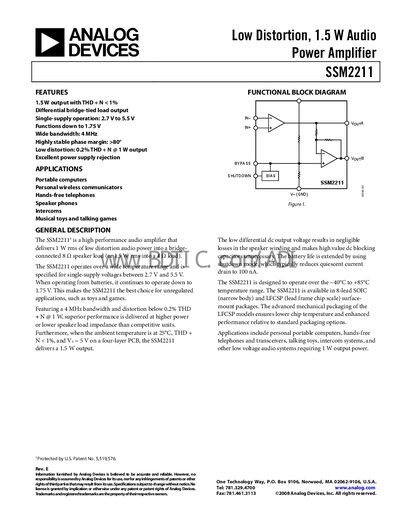 Analog Devices SSM2211 Audio Power Amplifier Datasheet - cover page