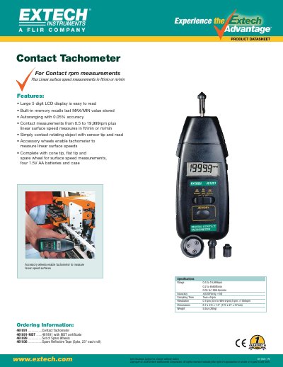 Extech 461891 Contact Tachometer Specifications - cover page