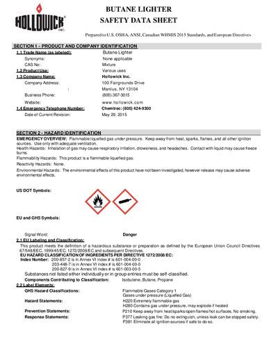 Hollowick Butane Lighter Safety Data Sheet