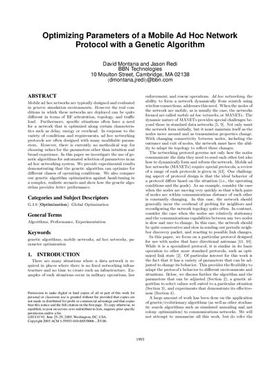 BBN Technologies Optimizing Parameters of a Mobile Ad Hoc Network Protocol with a Genetic Algorithm - cover page