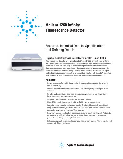 Agilent 1260 Infinity Fluorescence Detector Features and Specifications - cover page
