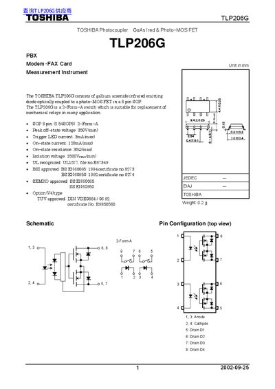 Toshiba TLP206G Photocoupler Datasheet - cover page