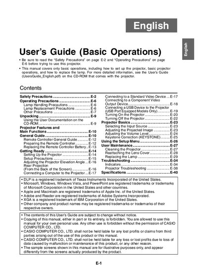 Casio XJ-SC210/XJ-SC215/XJ-S32/XJ-S37/XJ-S42/XJ-S47/XJ-S52/XJ-S57 Projector User's Guide (Basic Operations) - cover page