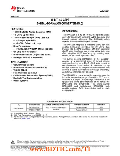 Texas Instruments DAC5681 16-bit 1.0 GSPS Digital-to-Analog Converter Datasheet - cover page