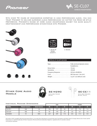 Pioneer SE-CL07 Earbud Headphones Product Leaflet - cover page