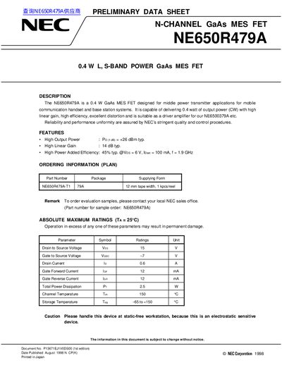 NEC NE650R479A N-Channel GaAs MES FET Datasheet - cover page