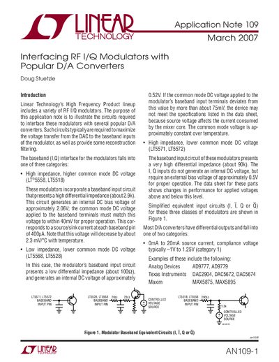 Linear Technology AN109 Interfacing RF I/Q Modulators with D/A Converters Application Note - cover page