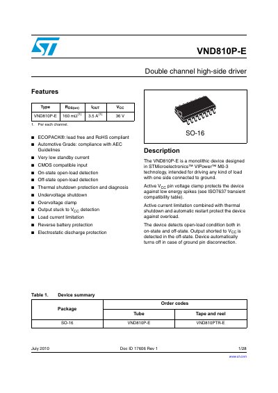 STMicroelectronics VND810P-E Double Channel High-Side Driver Datasheet