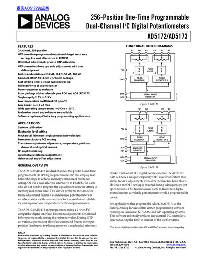 Analog Devices AD5172/AD5173 256-Position OTP Digital Potentiometers Datasheet - cover page