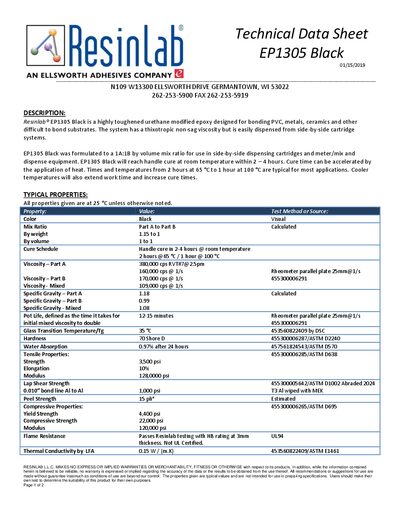 Resinlab EP1305 Black Epoxy Adhesive Technical Data Sheet - cover page