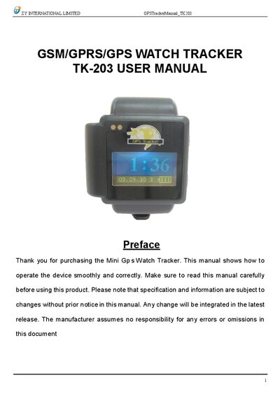 ZY International TK-203 GSM/GPRS/GPS Watch Tracker User Manual - cover page