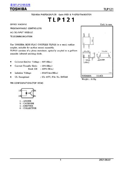 Toshiba TLP121 Optocoupler Datasheet