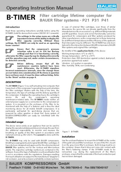 BAUER B-TIMER Filter Cartridge Lifetime Computer Operating Instruction Manual - cover page