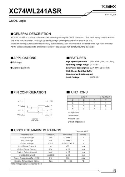 Torex XC74WL241ASR CMOS Logic Manual - cover page
