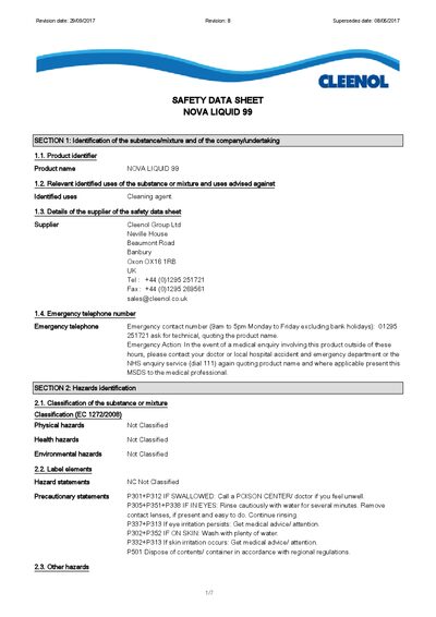 Cleenol NOVA LIQUID 99 Safety Data Sheet - cover page