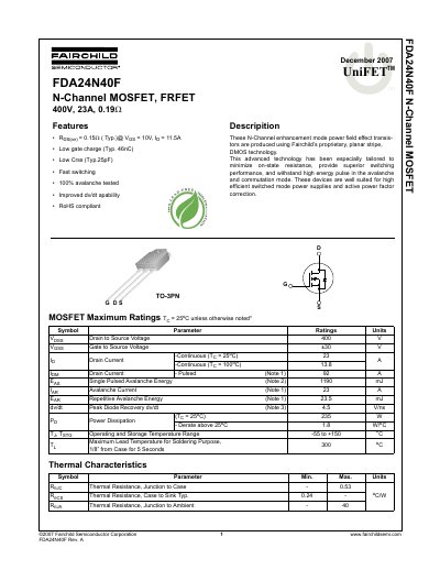 Fairchild FDA24N40F N-Channel MOSFET Datasheet - cover page