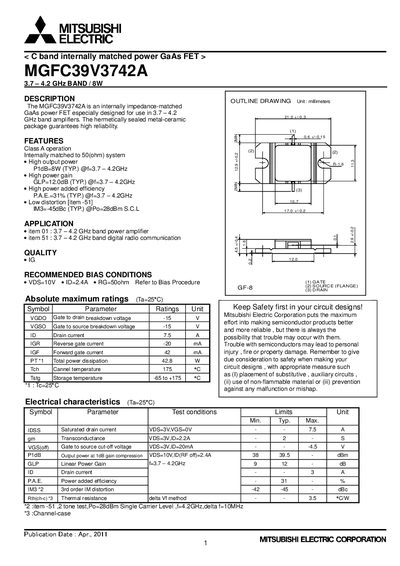 Mitsubishi MGFC39V3742A Power FET Datasheet - cover page