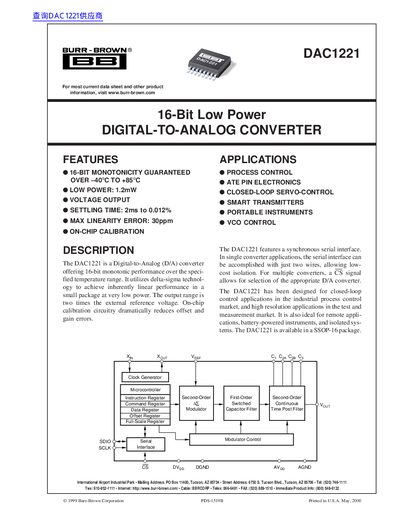 Burr-Brown DAC1221E 16-Bit Low Power Digital-to-Analog Converter Datasheet - cover page