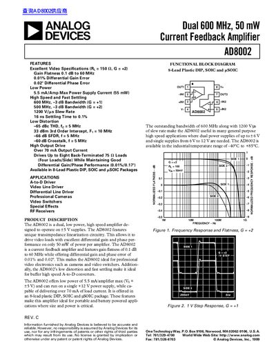 ANALOG DEVICES AD8002 Dual 600 MHz 50 mW Current Feedback Amplifier handbook - cover page