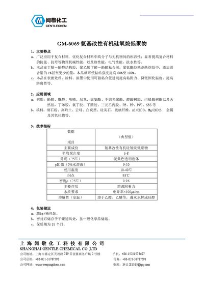 Wenjing Chemical GM-6069 Amino-Modified Organosiloxane Oligomer Product Leaflet - cover page