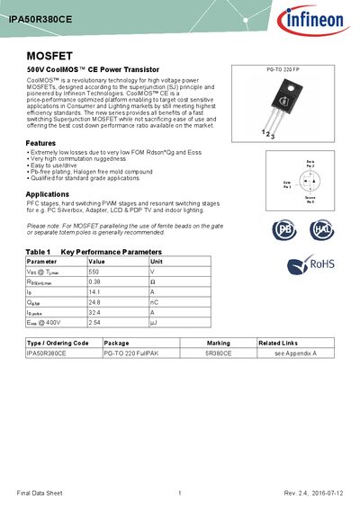 Infineon IPA50R380CE CoolMOS CE Power Transistor Data Sheet - cover page