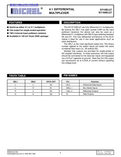 Micrel SY10EL57/SY100EL57 4:1 Differential Multiplexer Datasheet - cover page