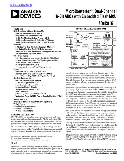 ANALOG DEVICES ADuC816 MicroConverter Dual-Channel 16-Bit ADCs with Embedded FLASH MCU handbook - cover page